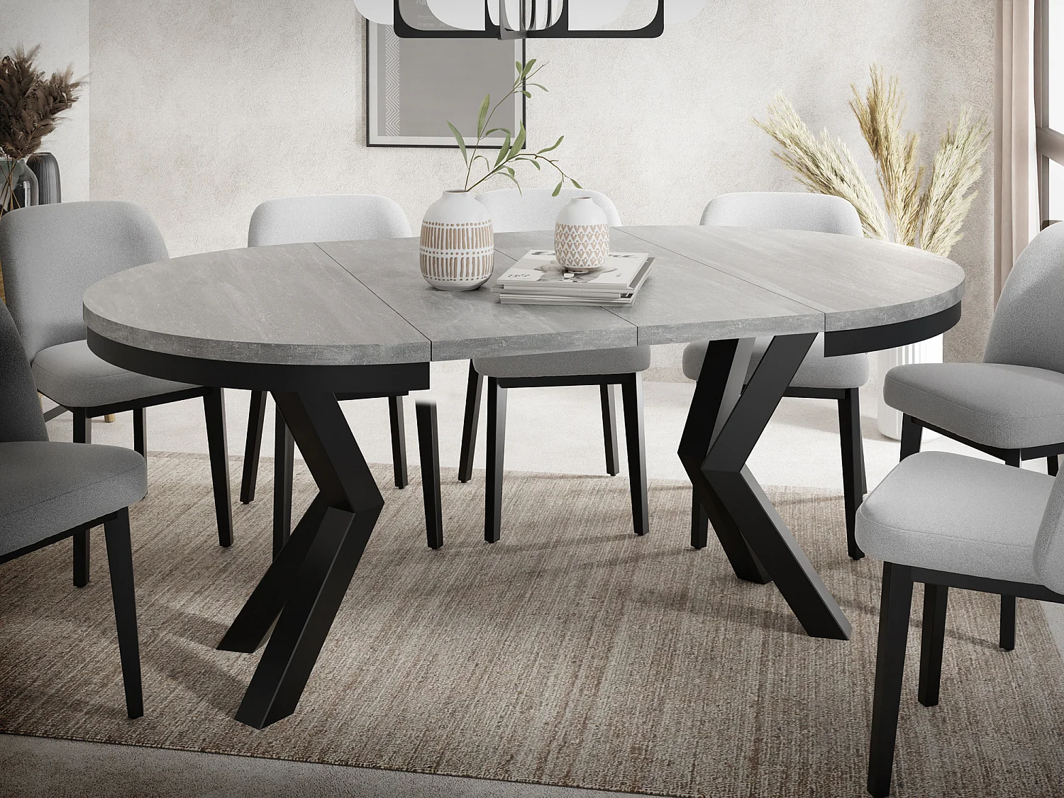 Table à Manger Ronde Extensible Style Loft – Table Industrielle avec Pieds en Métal Noir – Gain de Place pour Salon et Séjour – Gris Béton – 100 cm