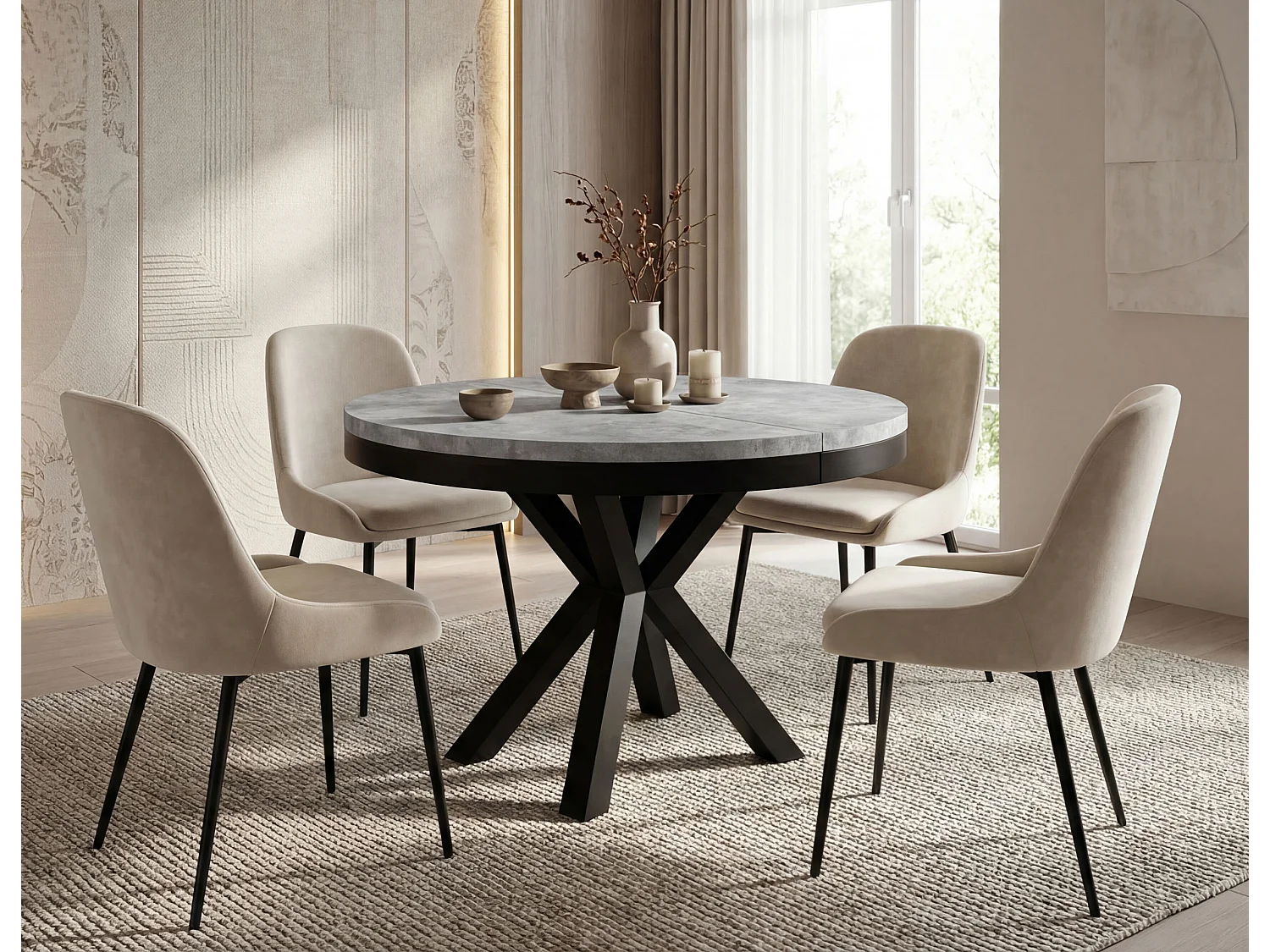 Runder Ausziehbarer Esstisch im Loft-Stil - Industrieller Tisch mit Schwarzen Metallbeinen - Platzsparender Tisch für Wohnzimmer - Grauer Beton - 100 bis 180 cm