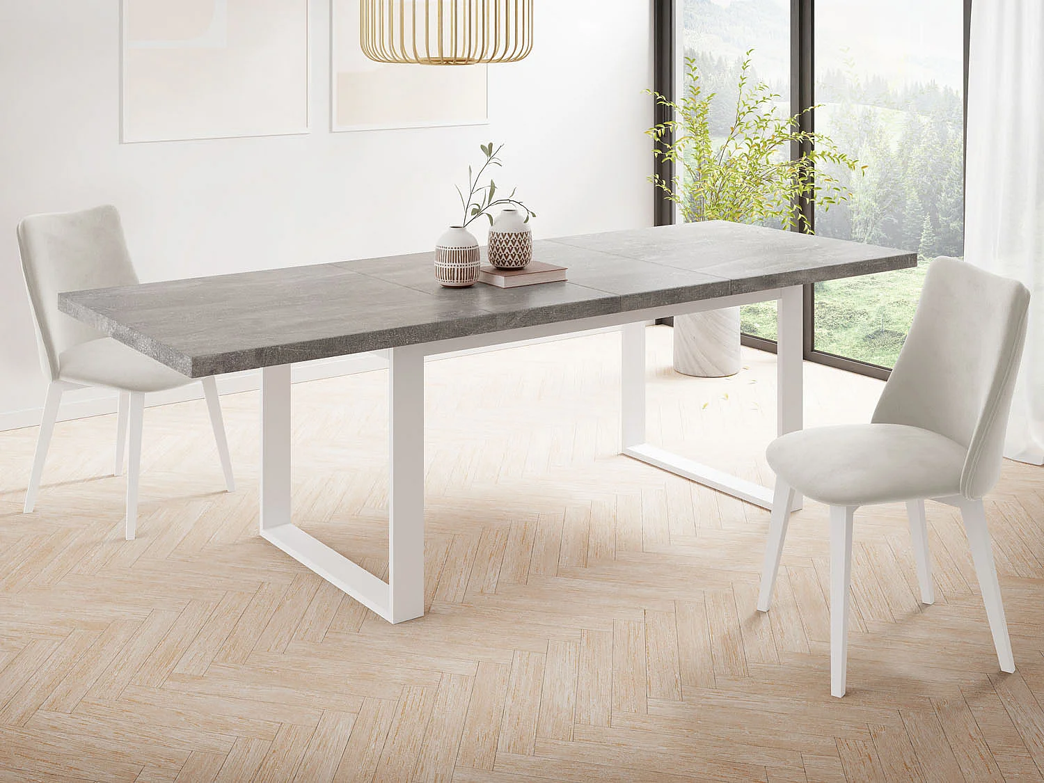 Rechteckiger Loft Esstisch Für Wohnzimmer - Loft Stil Esstisch Mit Weißen Metallfüßen - Ausziehbarer Esstisch von 160 cm bis 240 cm - Made in EU - Grauer Beton