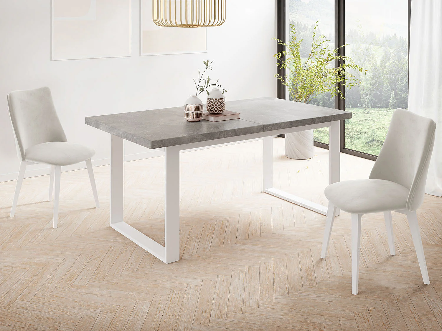 Table à Manger Rectangulaire Pour Salon - Table à Manger Style Loft Industriel Avec Pieds En Métal Blanc - Fabriqué en UE - 160 x 90 cm - Gris Béton