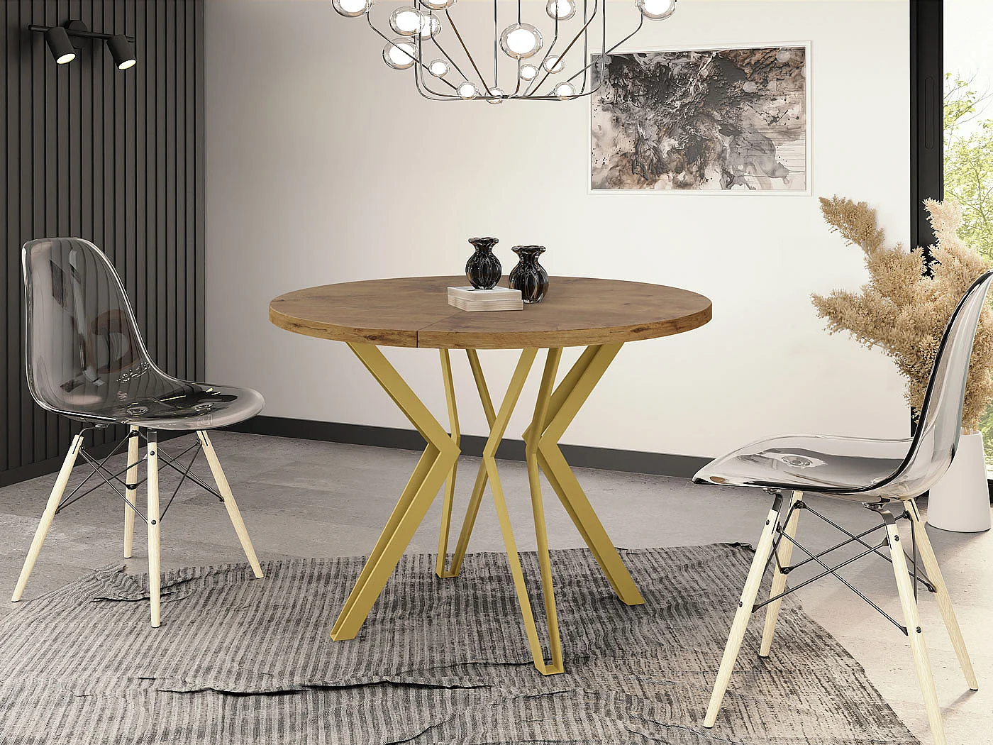 Table Ronde Salle à Manger - 120/196 cm de Diamètre - Table à Rallonges Avec Pieds en Métal Doré - Style Industriel - Compacte - Chêne Lancelot