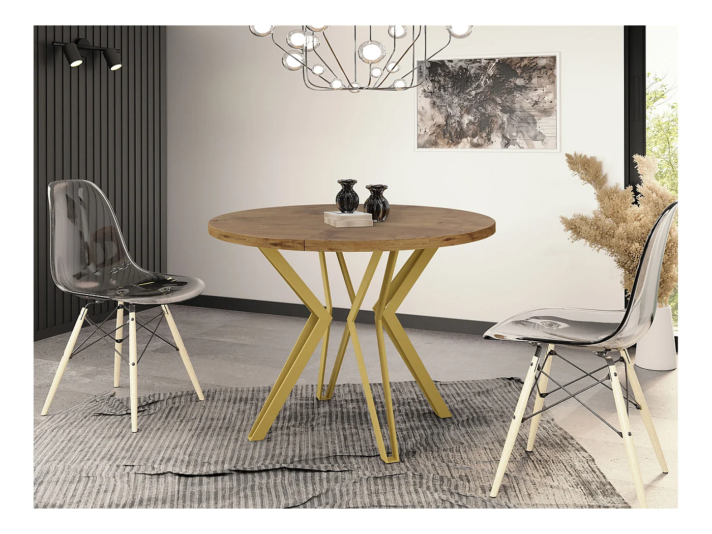 Runder Tisch für das Esszimmer - 100 oder 120 cm Durchmesser - Ausziehbarer Tisch mit Pulverbeschichteten Goldenen Metallbeinen - 120 cm - Lancelot Eiche