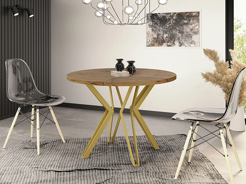 Runder Tisch für das Esszimmer - 100 oder 120 cm Durchmesser - Ausziehbarer Tisch mit Pulverbeschichteten Goldenen Metallbeinen - 120 cm - Lancelot Eiche