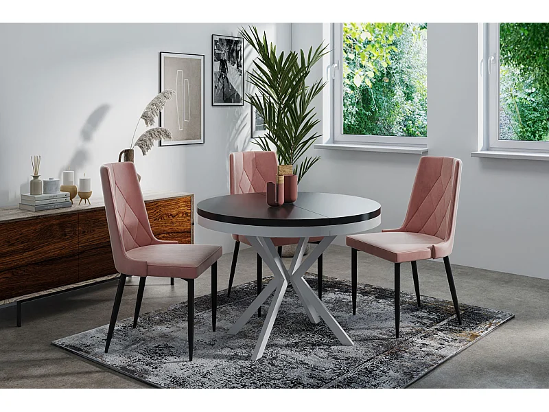 Runder Ausziehbarer Esstisch - Loft Style Tisch mit Weißen Metallbeinen - 90 bis 170 cm - Industrieller Tisch für Wohnzimmer - Kompakt - 90 cm - Schwarz