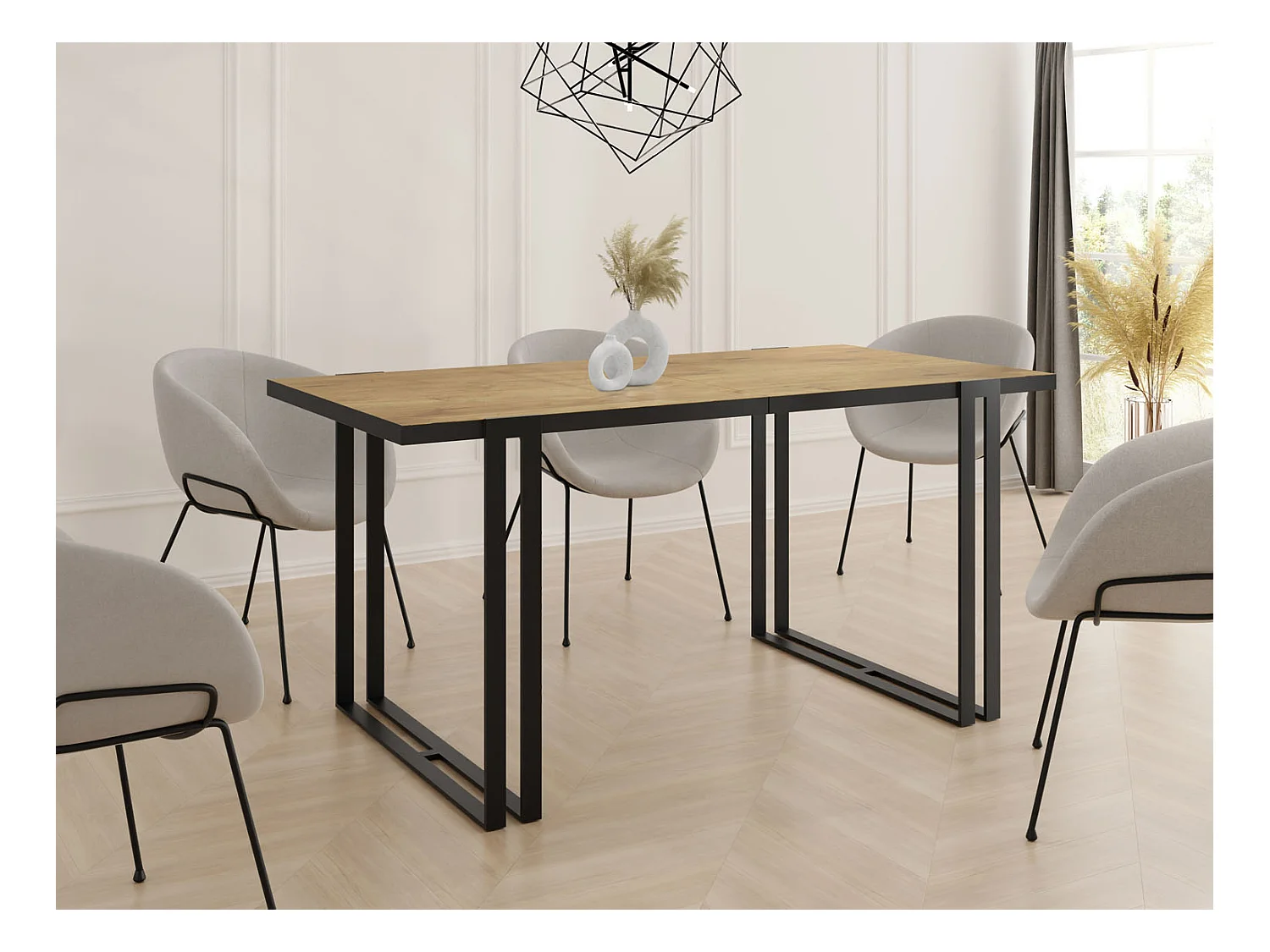 Ausziehbarer Esstisch mit Tischrand schwarzes Dekor - Großer Tisch im Loft-Stil mit Schwarzen Metallbeinen 120 bis 220 cm - 120 x 80 cm - Lancelot Eiche