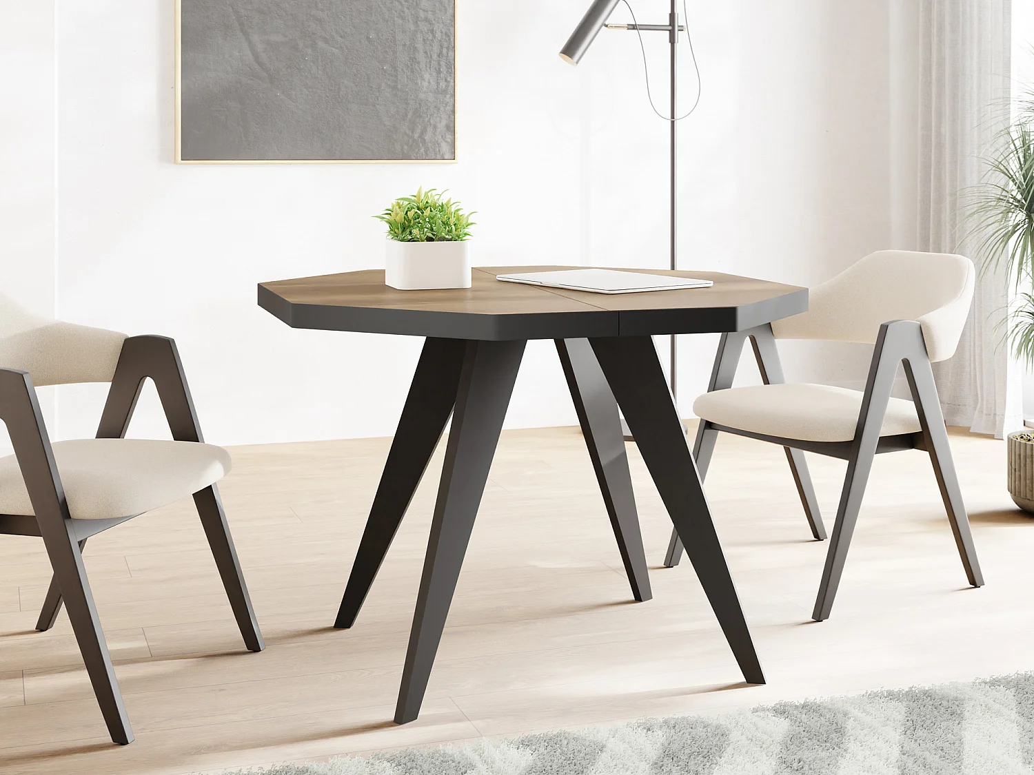 Moderner Runder Ausziehbarer Esstisch Diamond mit Schwarz Holzbeinen – Erweiterbar bis 200 cm, ideal für 4 bis 8 Personen - Loft-Stil Tisch für Küche - Lefkas Eiche