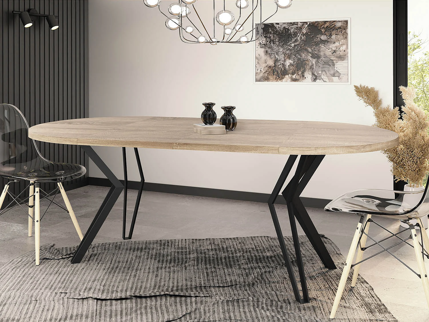 Runder Tisch für das Esszimmer - 100 oder 120 cm Durchmesser - Ausziehbarer Tisch mit Pulverbeschichteten Schwarzen Metallbeinen - 120 cm - Sonoma Eiche