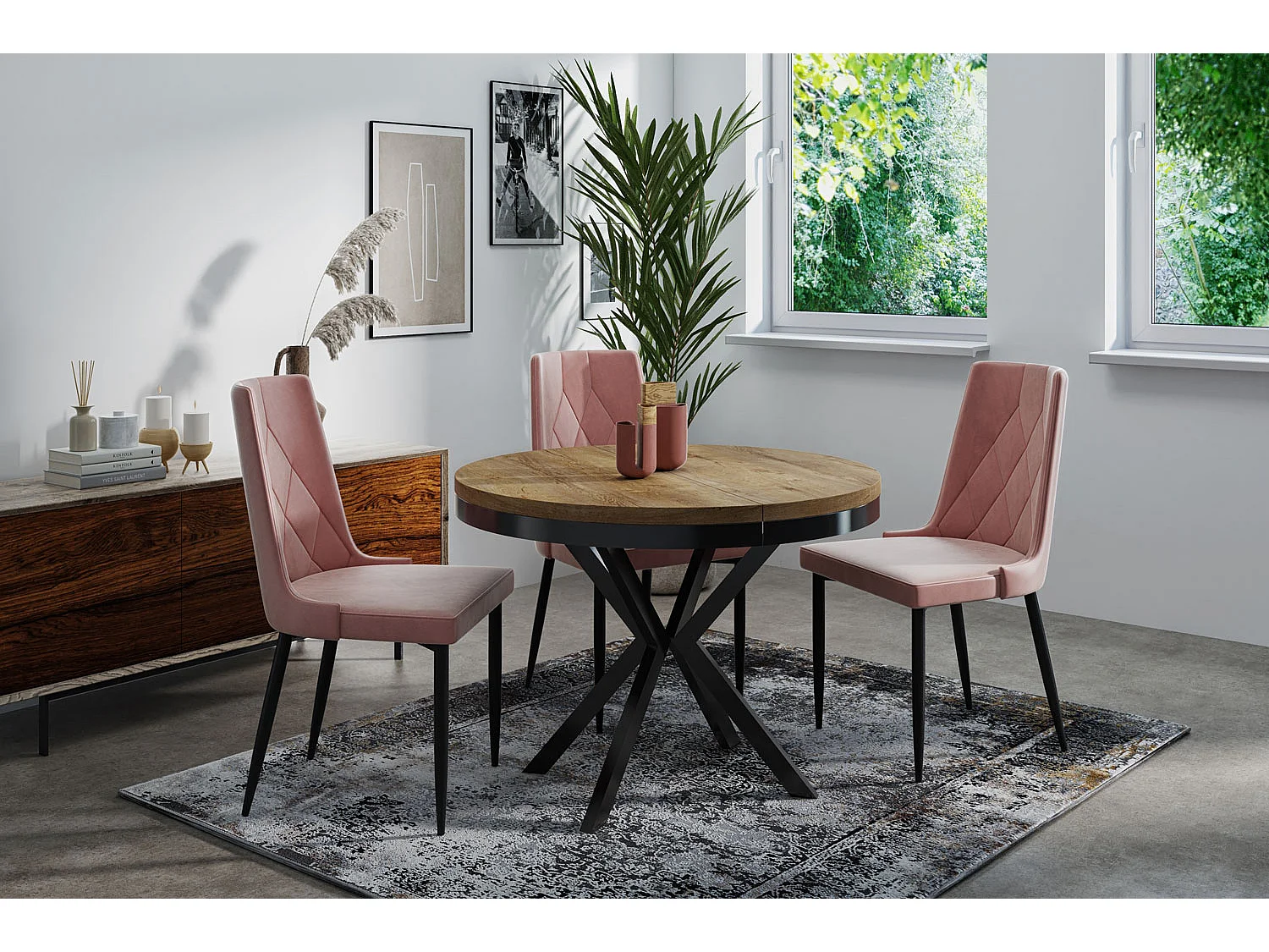 Runder Ausziehbarer Esstisch - Loft Style Tisch mit Metallbeinen - 120 bis 200 cm - Industrieller Tisch für Wohnzimmer - Kompakt - 120 cm - Lefkas Eiche