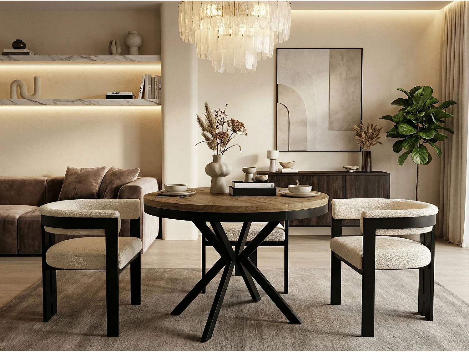 Runder Ausziehbarer Esstisch - Loft Style Tisch mit Metallbeinen - 120 bis 200 cm - Industrieller Tisch für Wohnzimmer - Kompakt - 120 cm - Lefkas Eiche