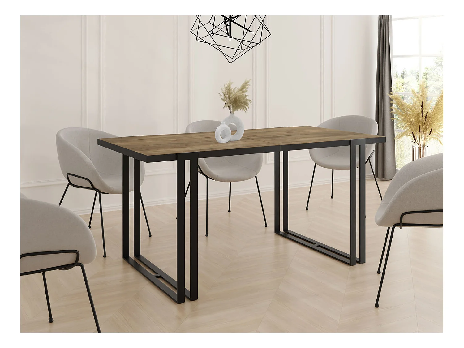 Ausziehbarer Esstisch mit Tischrand schwarzes Dekor - Großer Tisch im Loft-Stil mit Schwarzen Metallbeinen 140 bis 240 cm - 140 x 80 cm - Lefkas Eiche