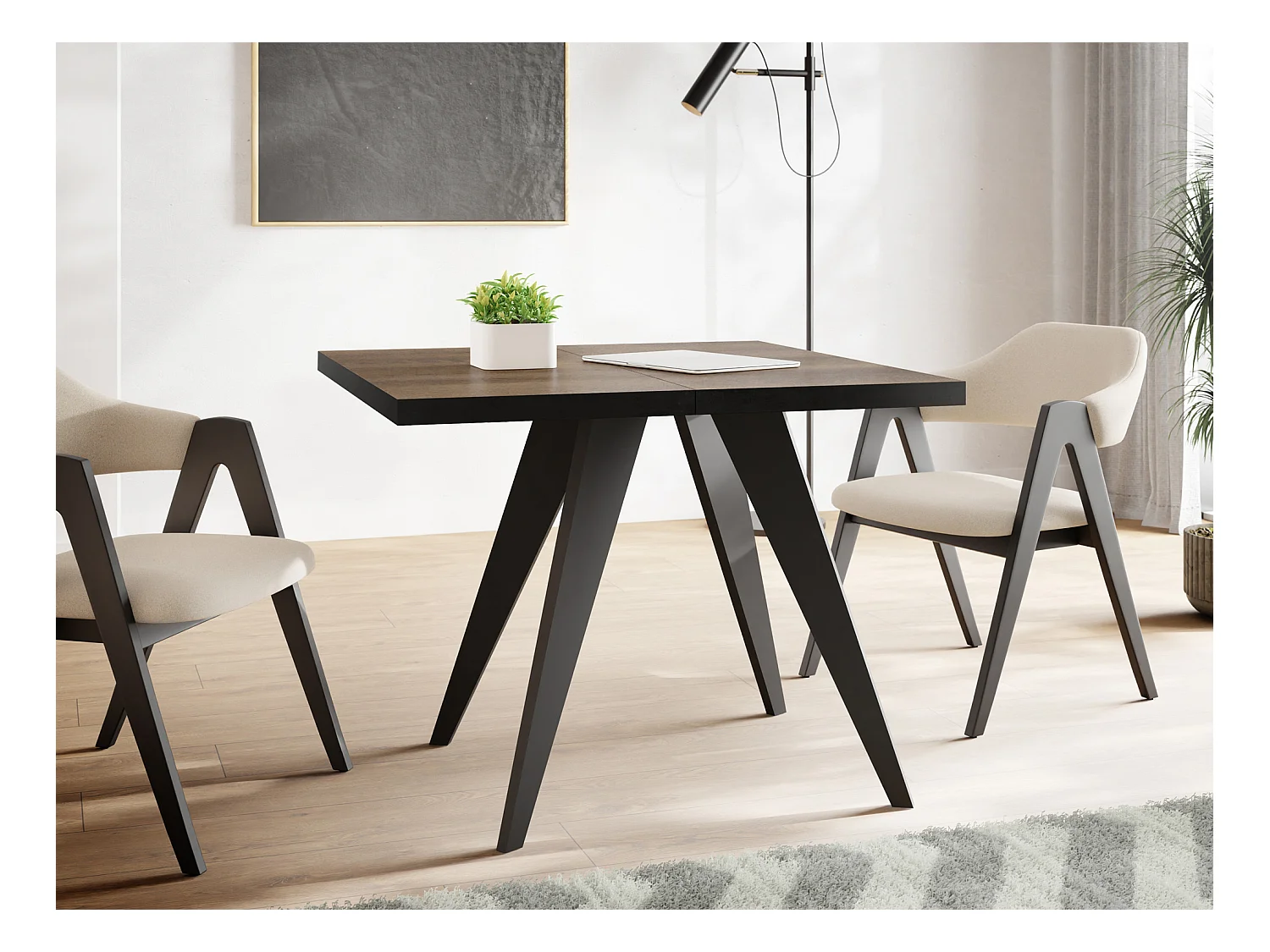 Table à Manger Carrée Extensible Quadro 100-200 cm - Table de Salle à Manger Industrielle avec Pieds Noirs pour 4-8 Personnes - Style Loft - Châtaignier Arvadonna