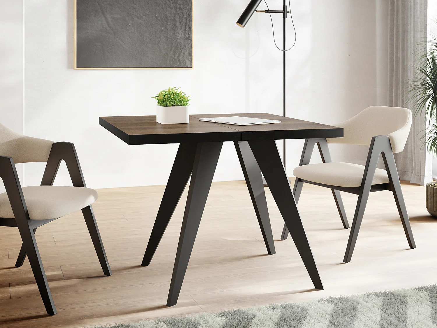 Quadratischer Ausziehbarer Esstisch Quadro 100-200 cm - Industrial Esszimmertisch mit Schwarzen Holzbeinen für 4-8 Personen - Loft-Stil Tisch - Arvadonna Chestnut