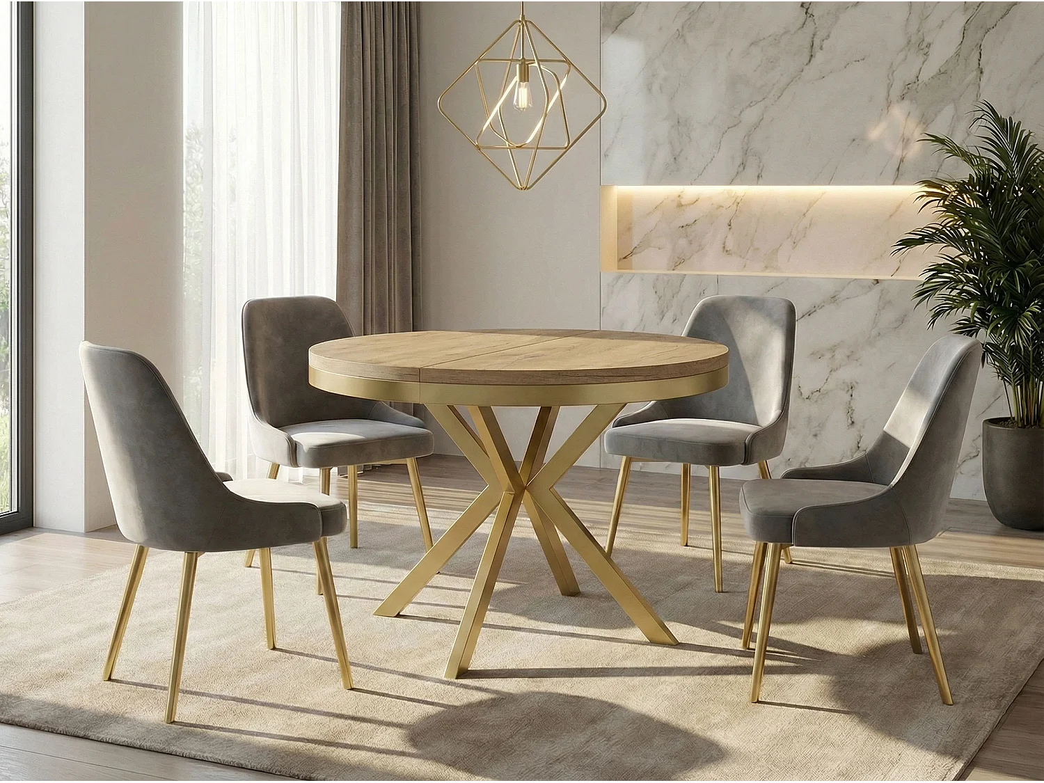 Runder Ausziehbarer Esstisch - Loft Style Tisch mit Goldenen Metallbeinen - 90 bis 170 cm - Industrieller Tisch für Wohnzimmer - Kompakt - 90 cm - Lancelot Eiche