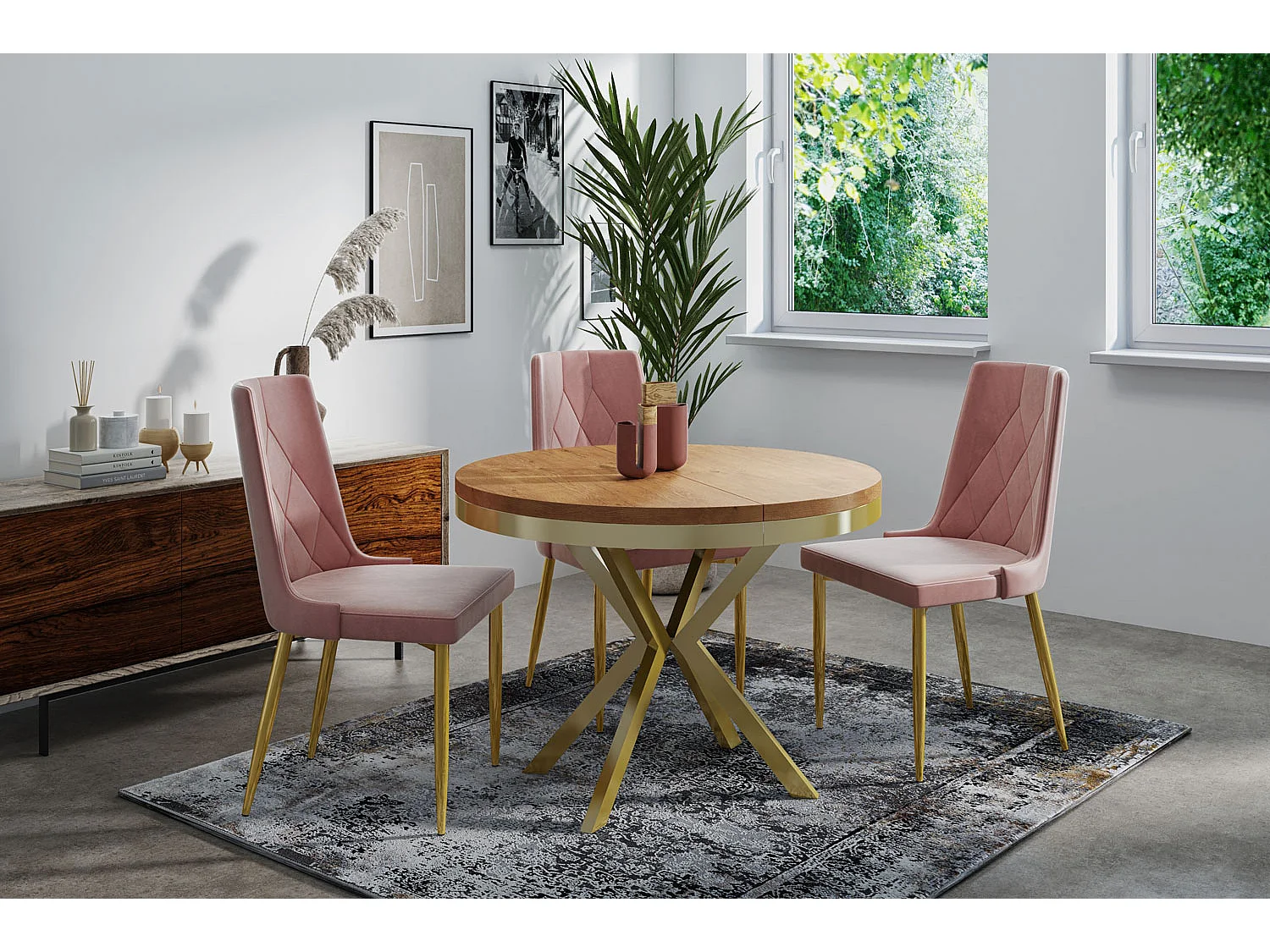 Runder Ausziehbarer Esstisch - Loft Style Tisch mit Goldenen Metallbeinen - 90 bis 170 cm - Industrieller Tisch für Wohnzimmer - Kompakt - 90 cm - Lancelot Eiche