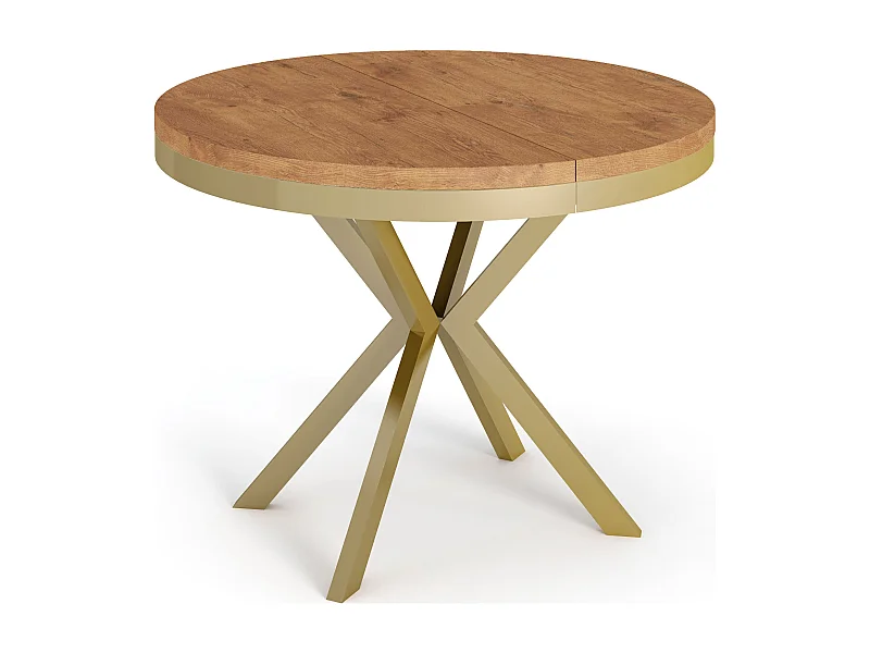 Table à Manger Extensible Ronde - Table Style Loft avec Doré Pieds en Métal - 90 à 170 cm - Table Ronde Style Industriel Pour le Salon - 90 cm - Chêne Lancelot