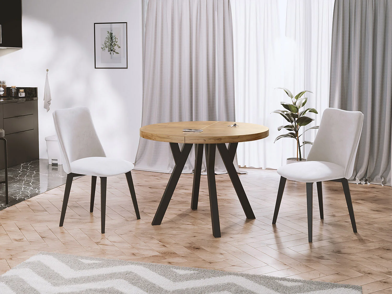 Designer Runder Ausziehbarer Esstisch - Loft-Stil, Platzsparend - Schwarze Beine - 100 bis 200 cm - für 5-10 Personen - Hergestellt in EU - Wotan Eiche - 200 cm