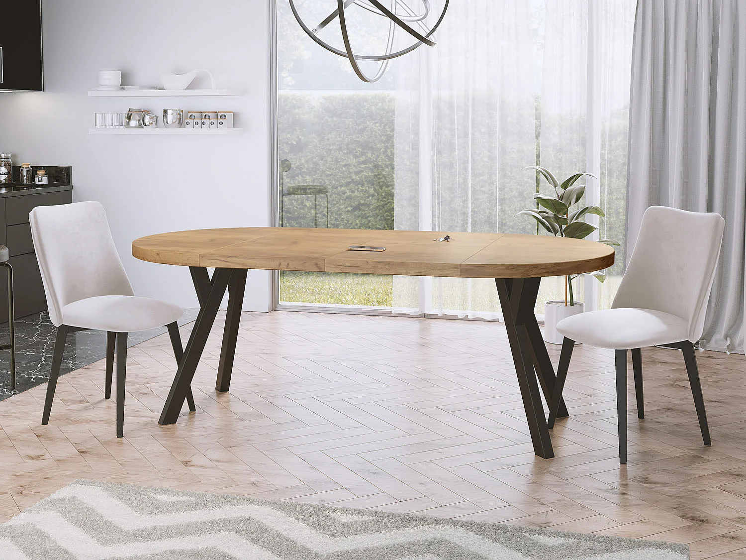 Designer Runder Ausziehbarer Esstisch - Loft-Stil, Platzsparend - Schwarze Beine - 100 bis 200 cm - für 5-10 Personen - Hergestellt in EU - Wotan Eiche - 200 cm