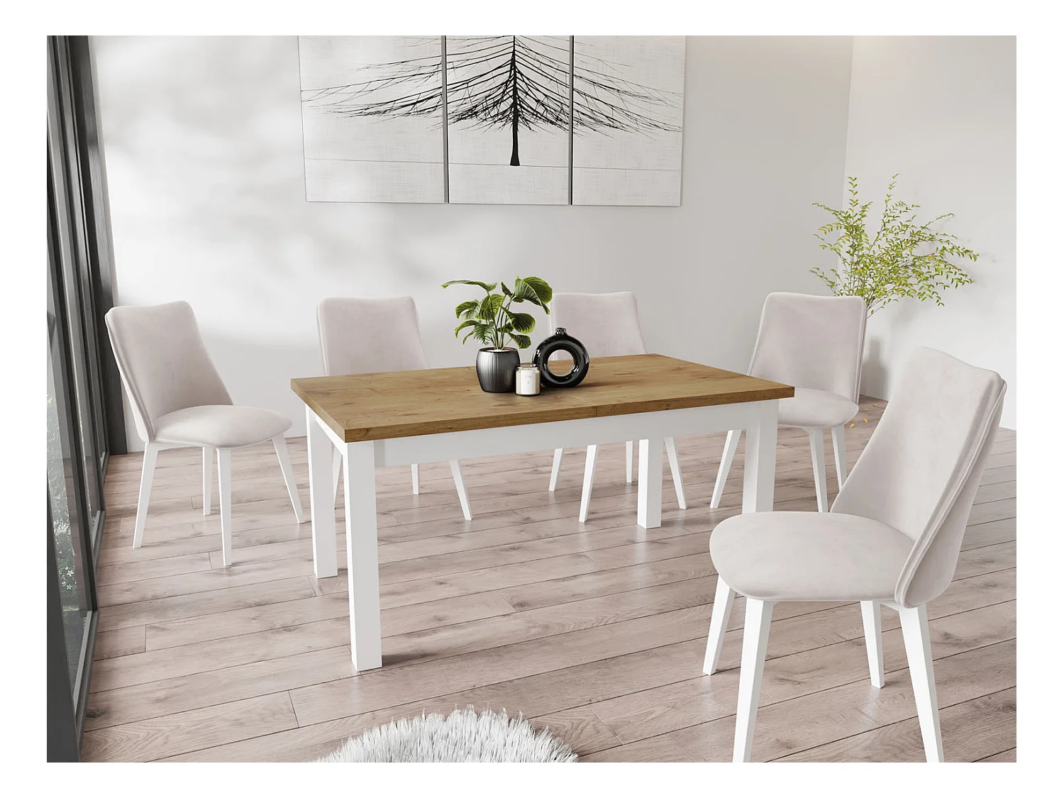 Moderner Rechteckiger Ausziehbarer Esstisch - Platzsparend - Weiße Holzbeine - 120 bis 160 cm - Hergestellt in EU - 120 x 67 cm - Lancelot Eiche