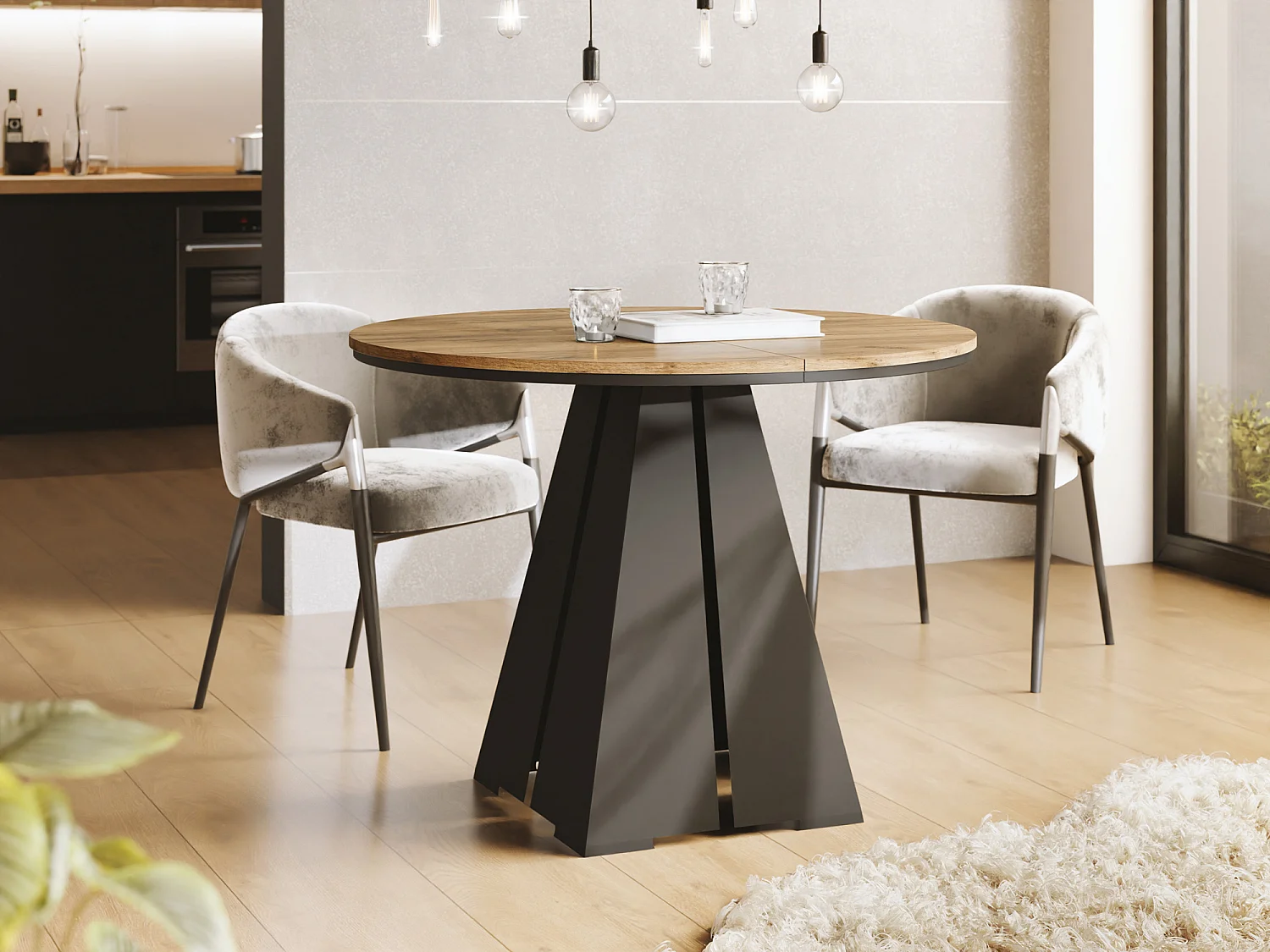 Runder Ausziehbarer Esstisch mit Schwarzem Metallgestell - Moderner Industrieller Tisch für Esszimmer oder Küche - 120 cm bis 200 cm - Made in EU - Craft Eiche