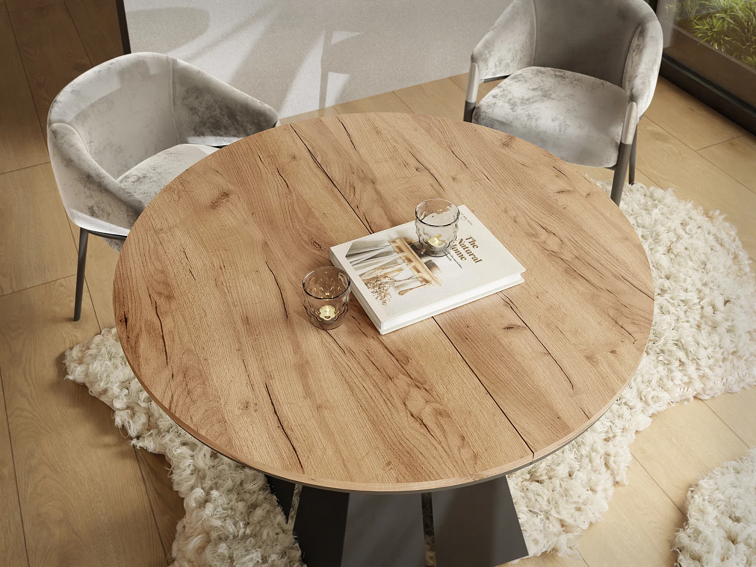 Runder Ausziehbarer Esstisch mit Schwarzem Metallgestell - Moderner Industrieller Tisch für Esszimmer oder Küche - 120 cm bis 200 cm - Made in EU - Craft Eiche