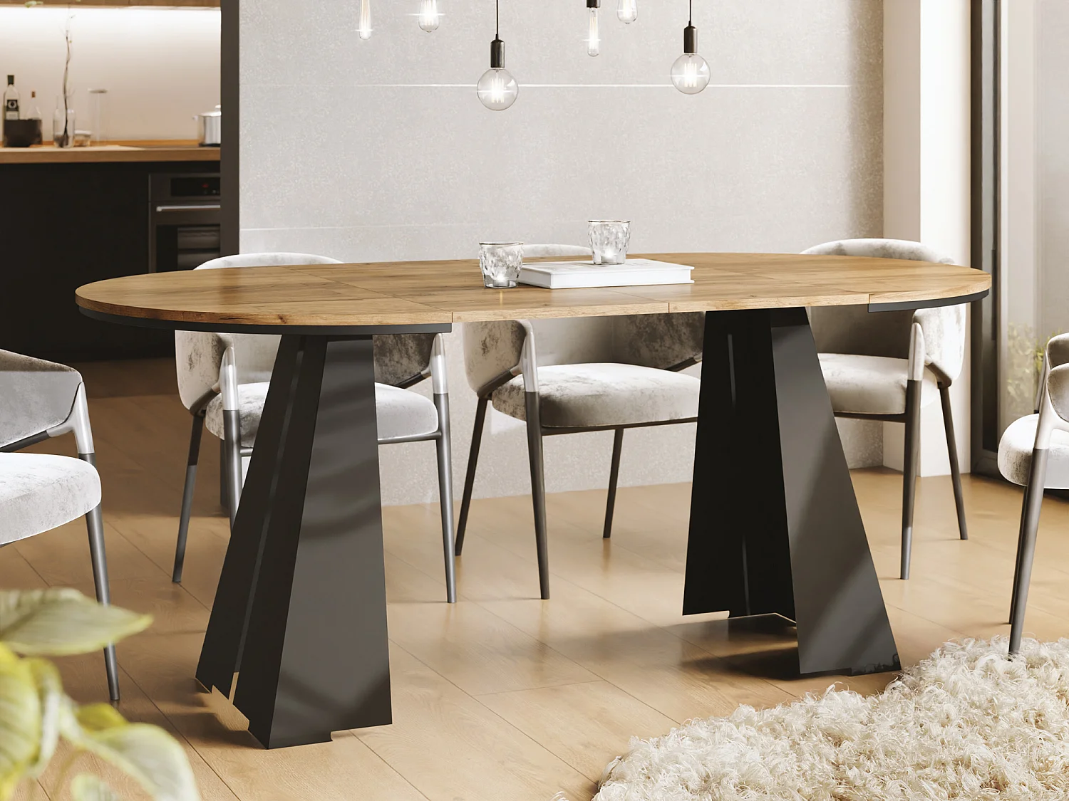 Runder Ausziehbarer Esstisch mit Schwarzem Metallgestell - Moderner Industrieller Tisch für Esszimmer oder Küche - 120 cm bis 200 cm - Made in EU - Craft Eiche