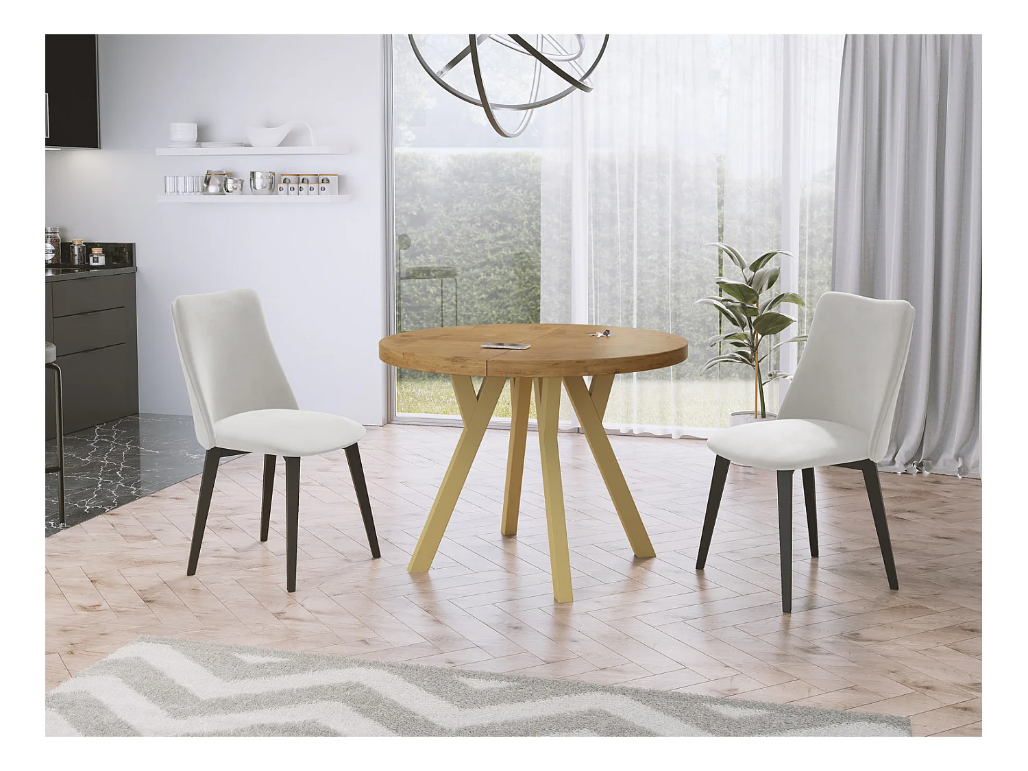 Table à Manger Extensible Ronde Designer - Style Loft, Peu Encombrant - Pieds Doré - 100 à 200 cm - pour 8-10 personnes - Fabriqué en UE - Chêne Lancelot - 200 cm