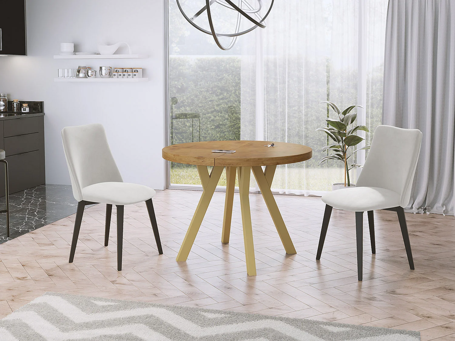 Designer Runder Ausziehbarer Esstisch - Loft-Stil, Platzsparend - Goldene Beine - 100 bis 200 cm - für 6-8 Personen - Hergestellt in EU - Lancelot Eiche - 200 cm