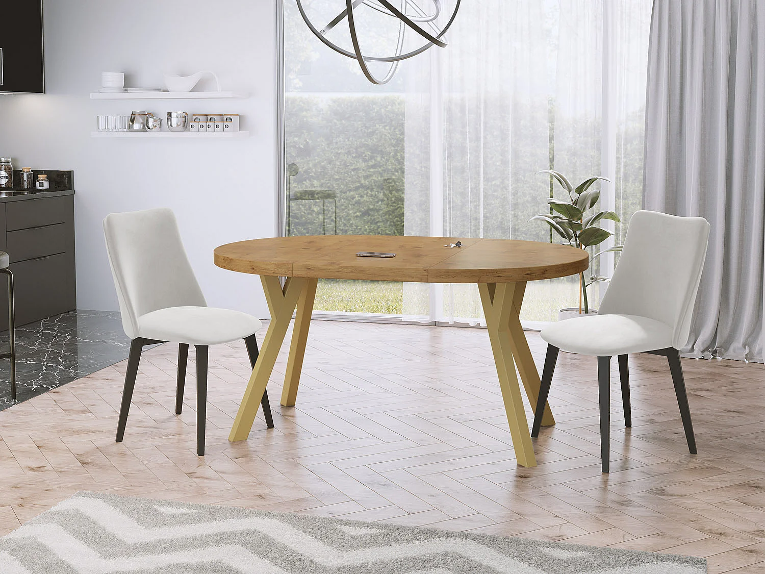 Designer Runder Ausziehbarer Esstisch - Loft-Stil, Platzsparend - Goldene Beine - 100 bis 200 cm - für 6-8 Personen - Hergestellt in EU - Lancelot Eiche - 200 cm