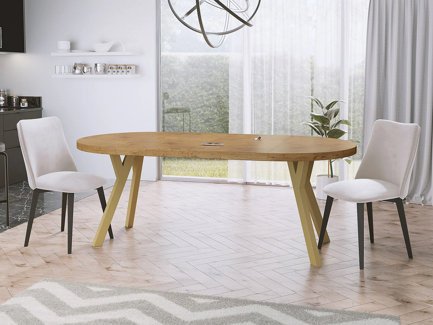 Designer Runder Ausziehbarer Esstisch - Loft-Stil, Platzsparend - Goldene Beine - 100 bis 200 cm - für 6-8 Personen - Hergestellt in EU - Lancelot Eiche - 200 cm