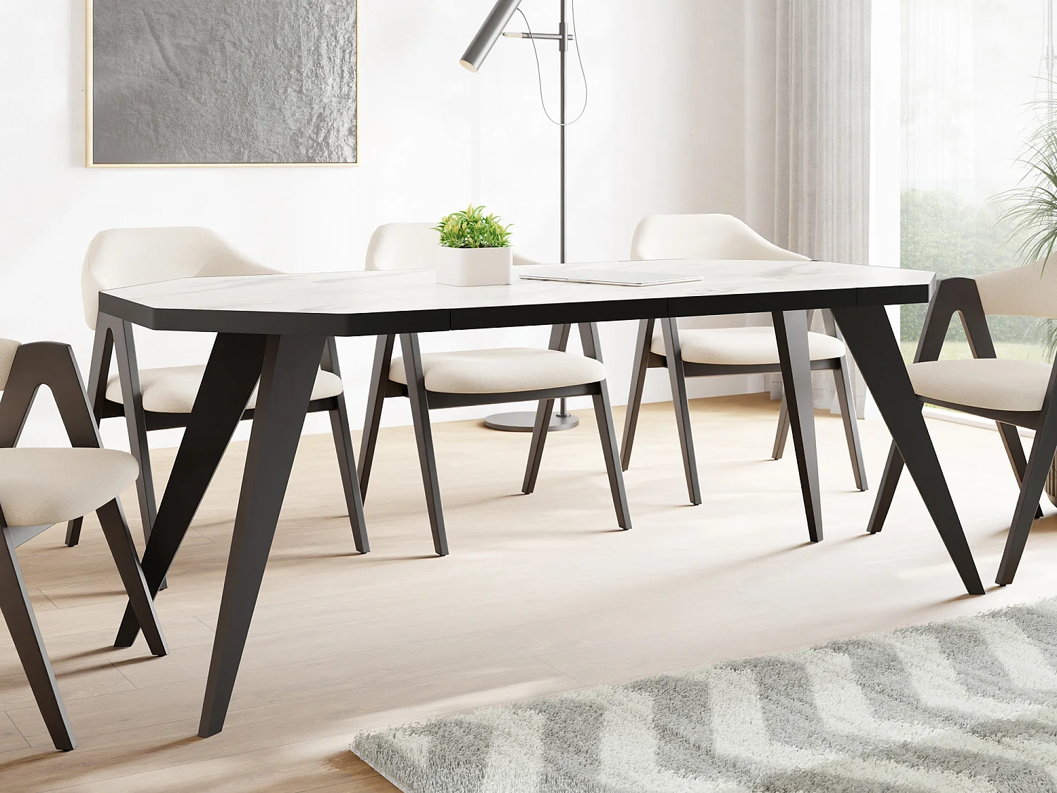 Table à Manger Extensible Moderne avec Pieds Noirs - Plateau en Panneau Stratifié, Style Loft - Marbre Blanc - 100/150