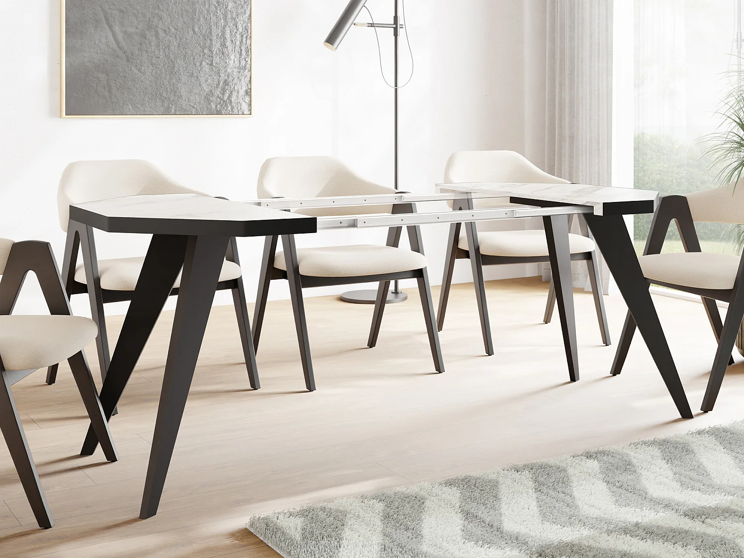 Table à Manger Extensible Moderne avec Pieds Noirs - Plateau en Panneau Stratifié, Style Loft - Marbre Blanc - 100/150