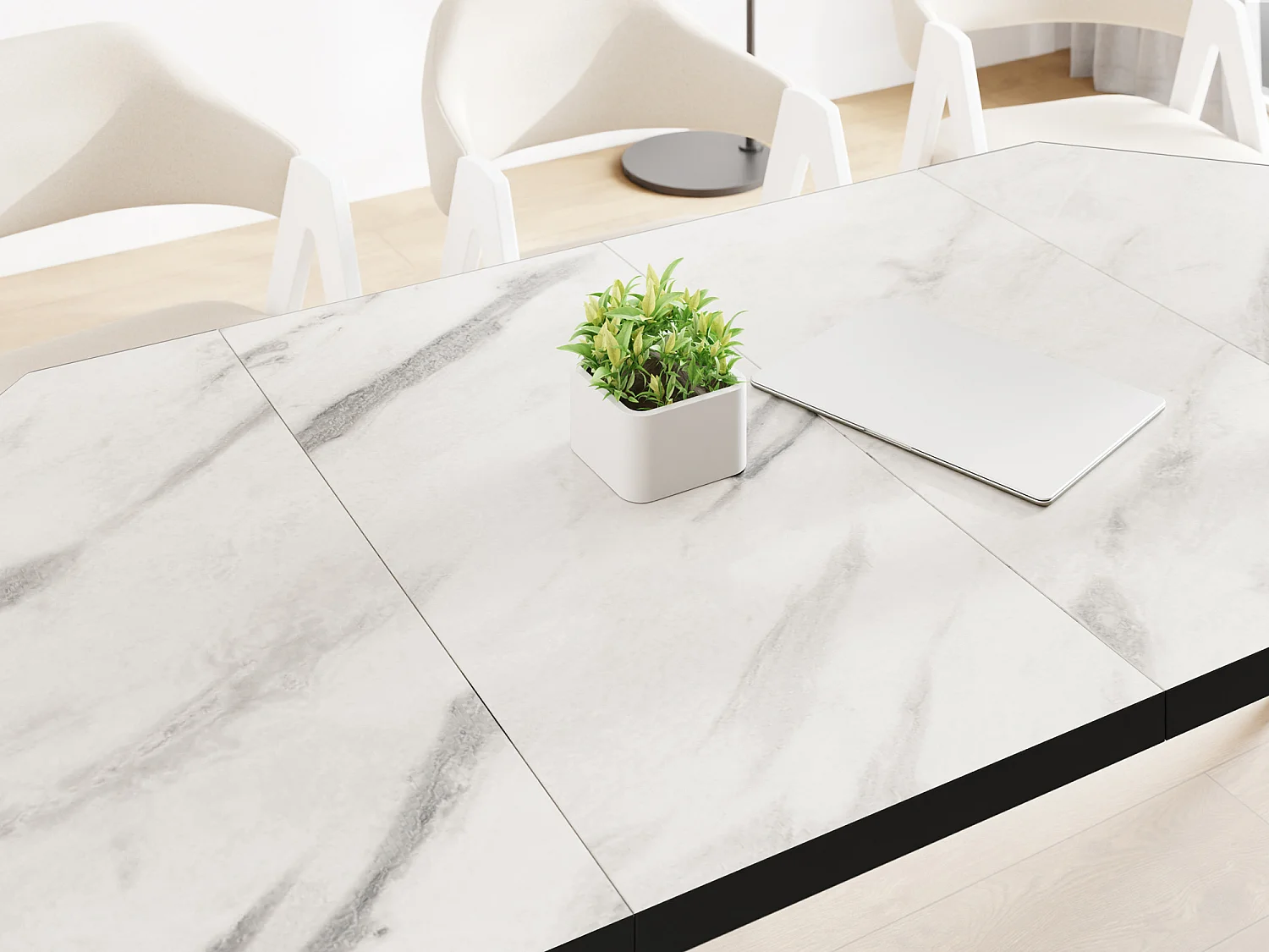 Table à Manger Extensible Moderne avec Pieds Noirs - Plateau en Panneau Stratifié, Style Loft - Marbre Blanc - 100/150