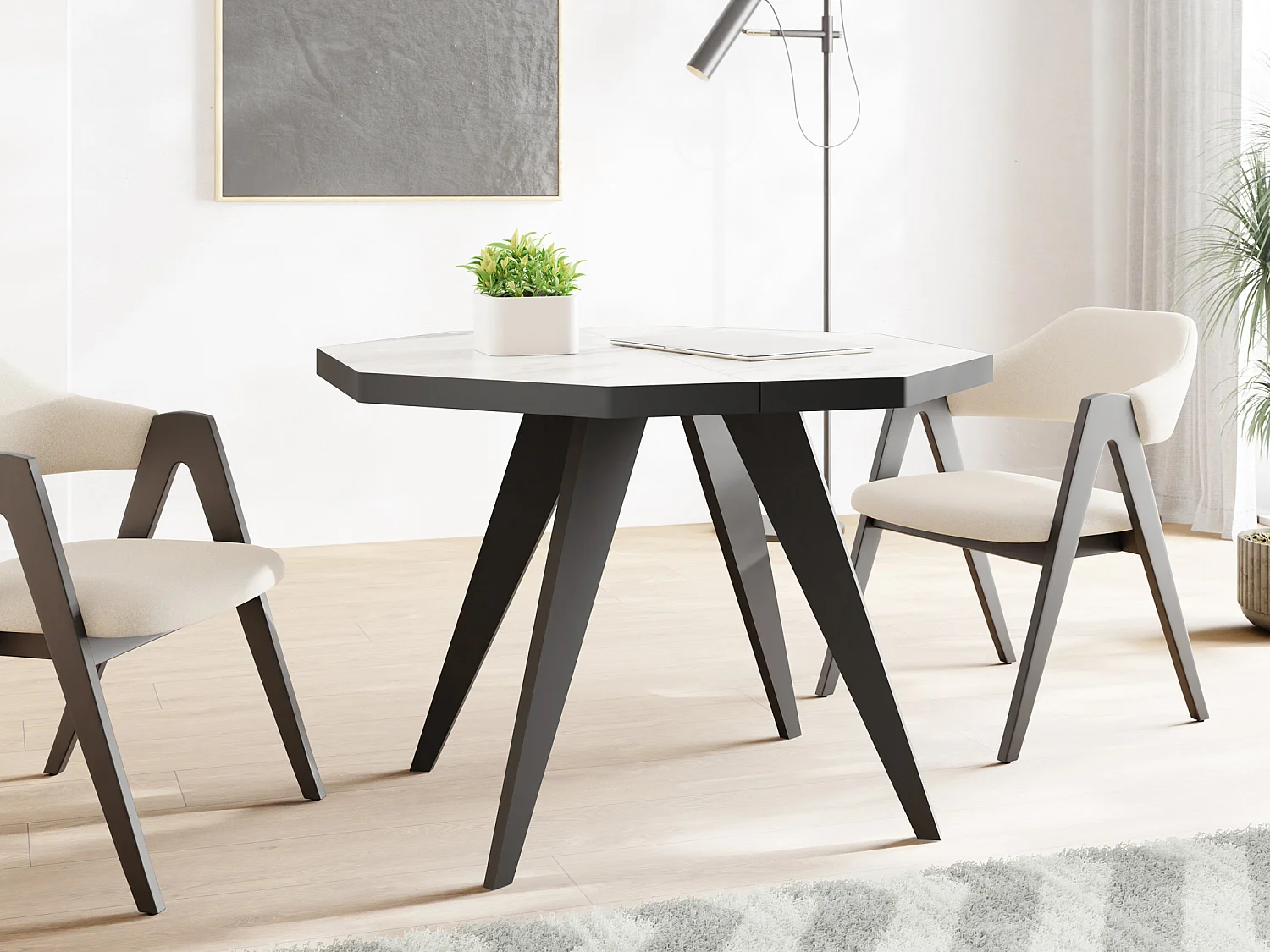 Table à Manger Extensible Moderne avec Pieds Noirs - Plateau en Panneau Stratifié, Style Loft - Marbre Blanc - 100/150