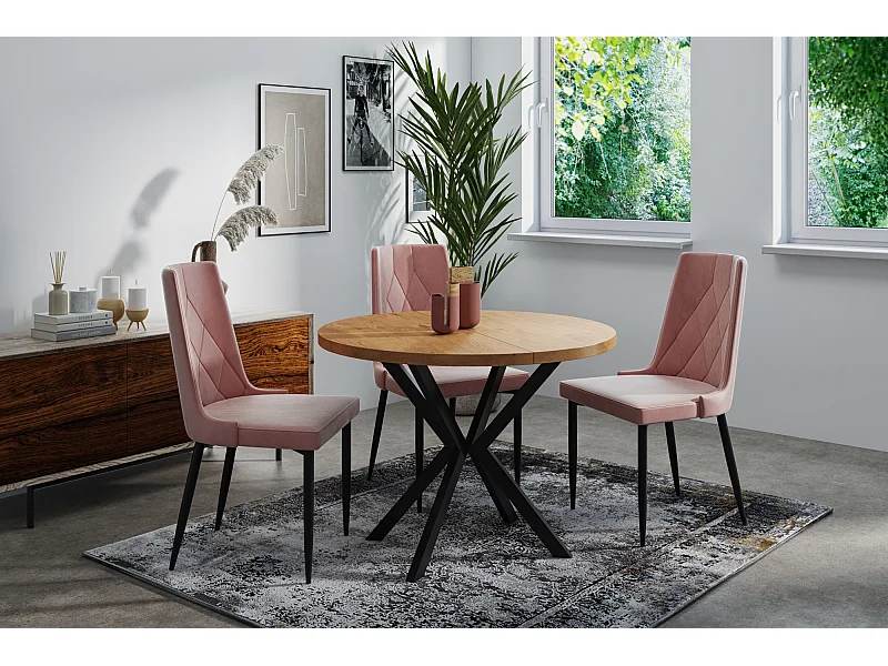 Table à Manger Extensible Ronde - Table Style Loft Avec Pieds Noirs en Métal - 100 à 176 cm - Table Ronde Style Industriel Pour le Salon - Chêne Lancelot - 100 cm