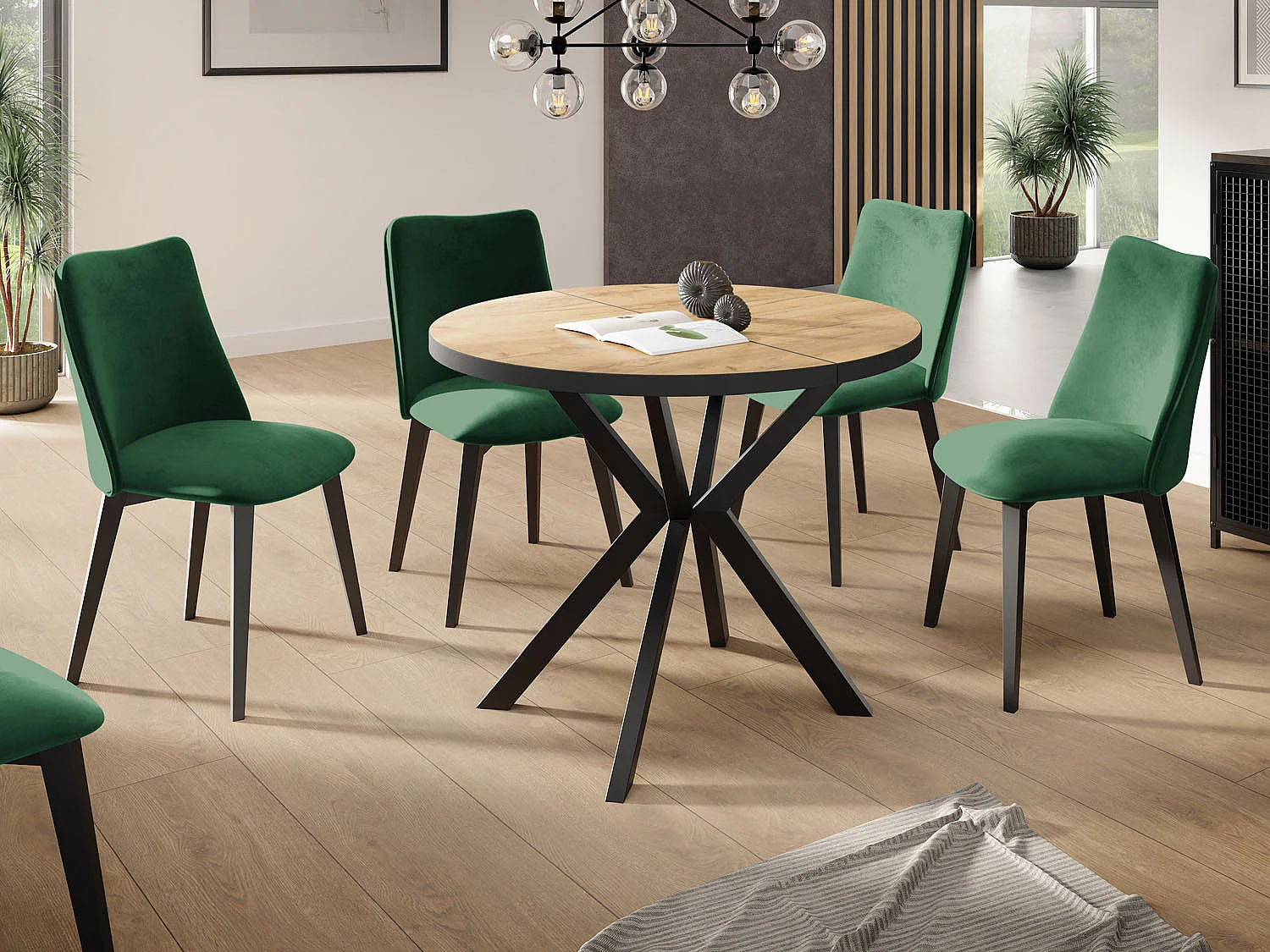 Runder Ausziehbar Tisch für das Esszimmer - Tischrand Schwarzes Dekor - 100 oder 120 cm - Ausziehbarer Tisch mit Schwarzen Metallbeinen - 120 cm - Craft Eiche