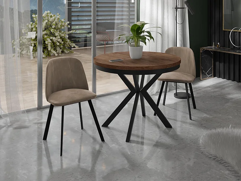 Runder Ausziehbarer Esstisch - Loft Style Tisch mit Metallbeinen - 90 bis 170 cm - Industrieller Tisch für Wohnzimmer - Kompakt - 90 cm - Lefkas Eiche