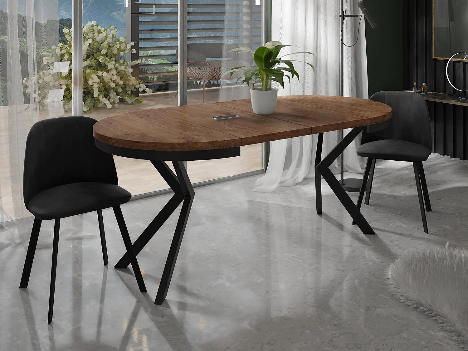 Runder Ausziehbarer Esstisch - Loft Style Tisch mit Metallbeinen - 90 bis 170 cm - Industrieller Tisch für Wohnzimmer - Kompakt - 90 cm - Lefkas Eiche