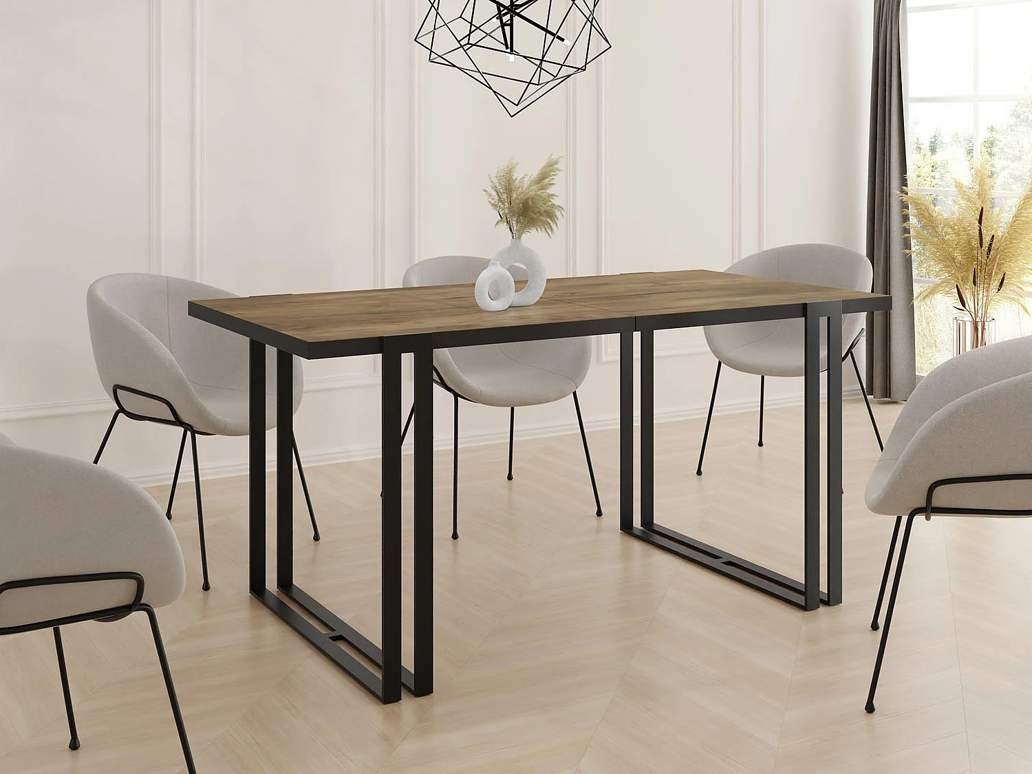 Ausziehbarer Esstisch mit Tischrand schwarzes Dekor - Großer Tisch im Loft-Stil mit Schwarzen Metallbeinen 120 bis 220 cm - 120 x 80 cm - Lefkas Eiche