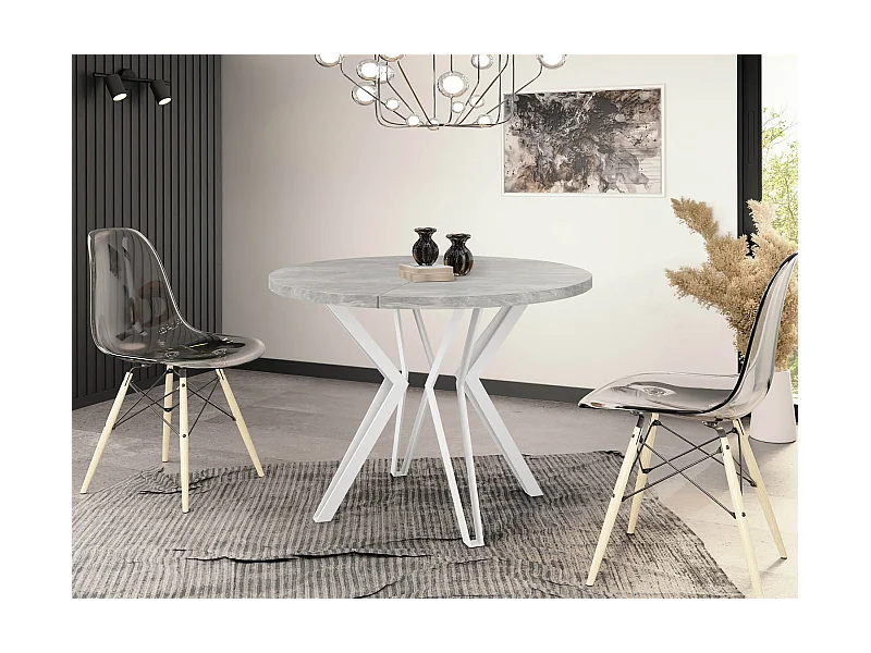 Runder Tisch für das Esszimmer - 100 oder 120 cm Durchmesser - Ausziehbarer Tisch mit Pulverbeschichteten Weißen Metallbeinen - 100 cm - Beton Grau