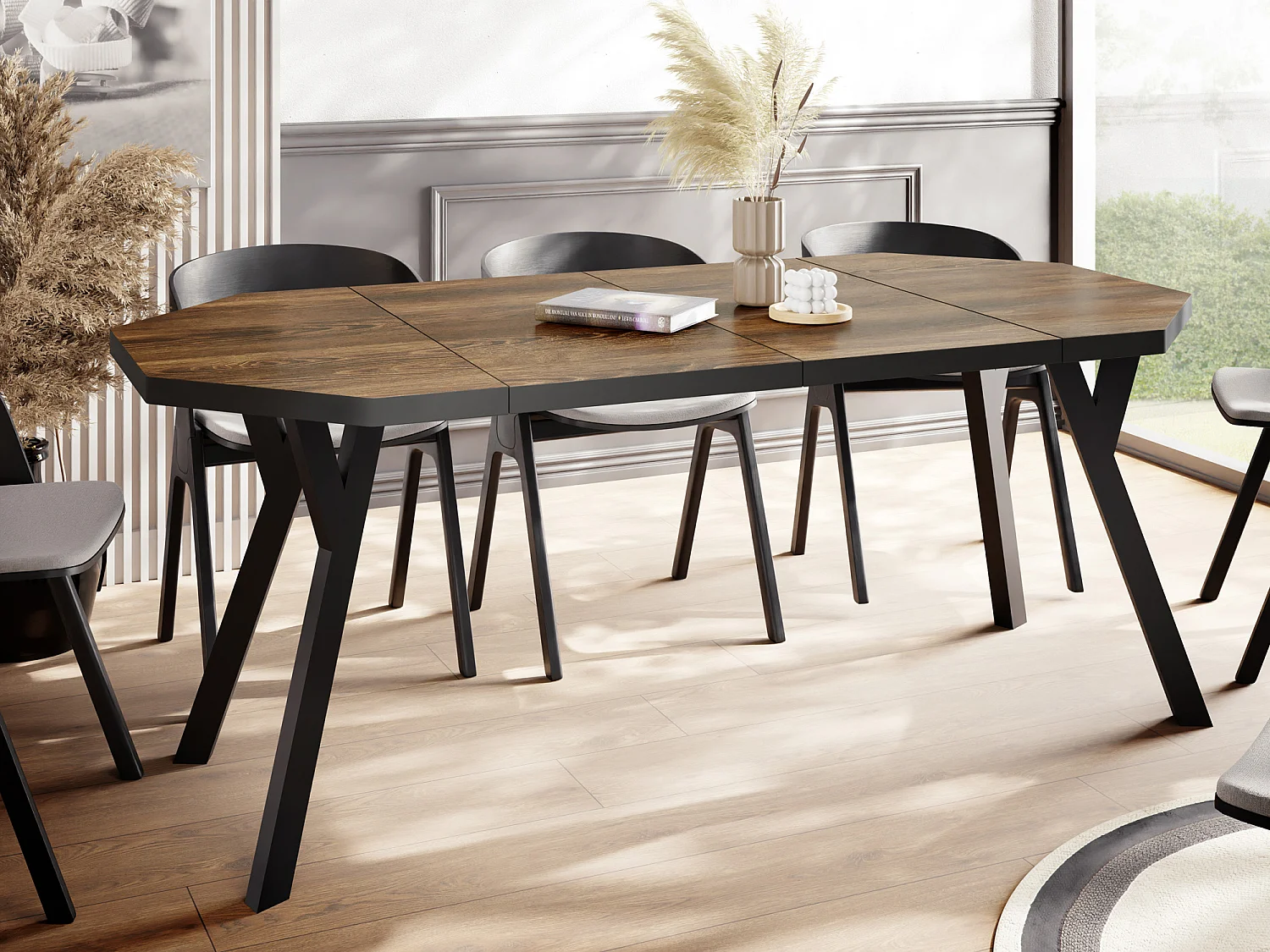 Moderner Runder Ausziehbarer Esstisch Desmond mit Schwarz Holzbeinen – Erweiterbar bis 200 cm, Ideal für 4 bis 8 Personen - Loft-Stil Tisch - Arvadonna Chestnut