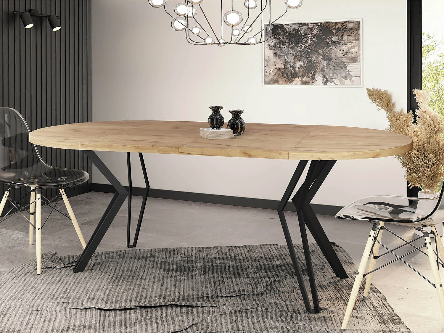 Runder Tisch für das Esszimmer - 100 oder 120 cm Durchmesser - Ausziehbarer Tisch mit Pulverbeschichteten Schwarzen Metallbeinen - 120 cm - Craft Eiche