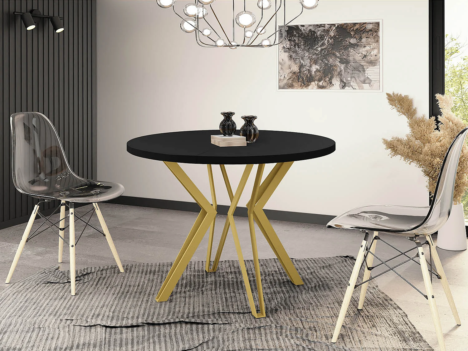 Runder Tisch für das Esszimmer - 100 oder 120 cm Durchmesser - Ausziehbarer Tisch mit Pulverbeschichteten Goldenen Metallbeinen - 100 cm - Schwarz