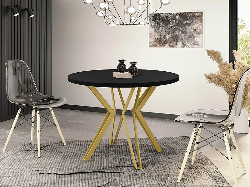 Runder Tisch für das Esszimmer - 100 oder 120 cm Durchmesser - Ausziehbarer Tisch mit Pulverbeschichteten Goldenen Metallbeinen - 100 cm - Schwarz