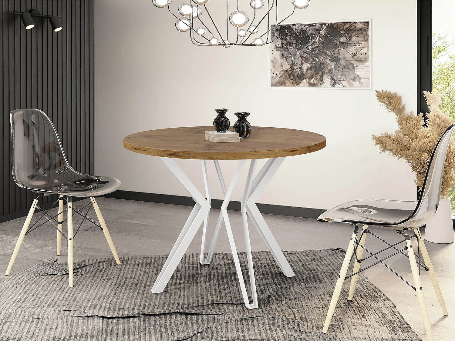 Runder Tisch für das Esszimmer - 100 oder 120 cm Durchmesser - Ausziehbarer Tisch mit Pulverbeschichteten Weißen Metallbeinen - 120 cm - Lancelot Eiche