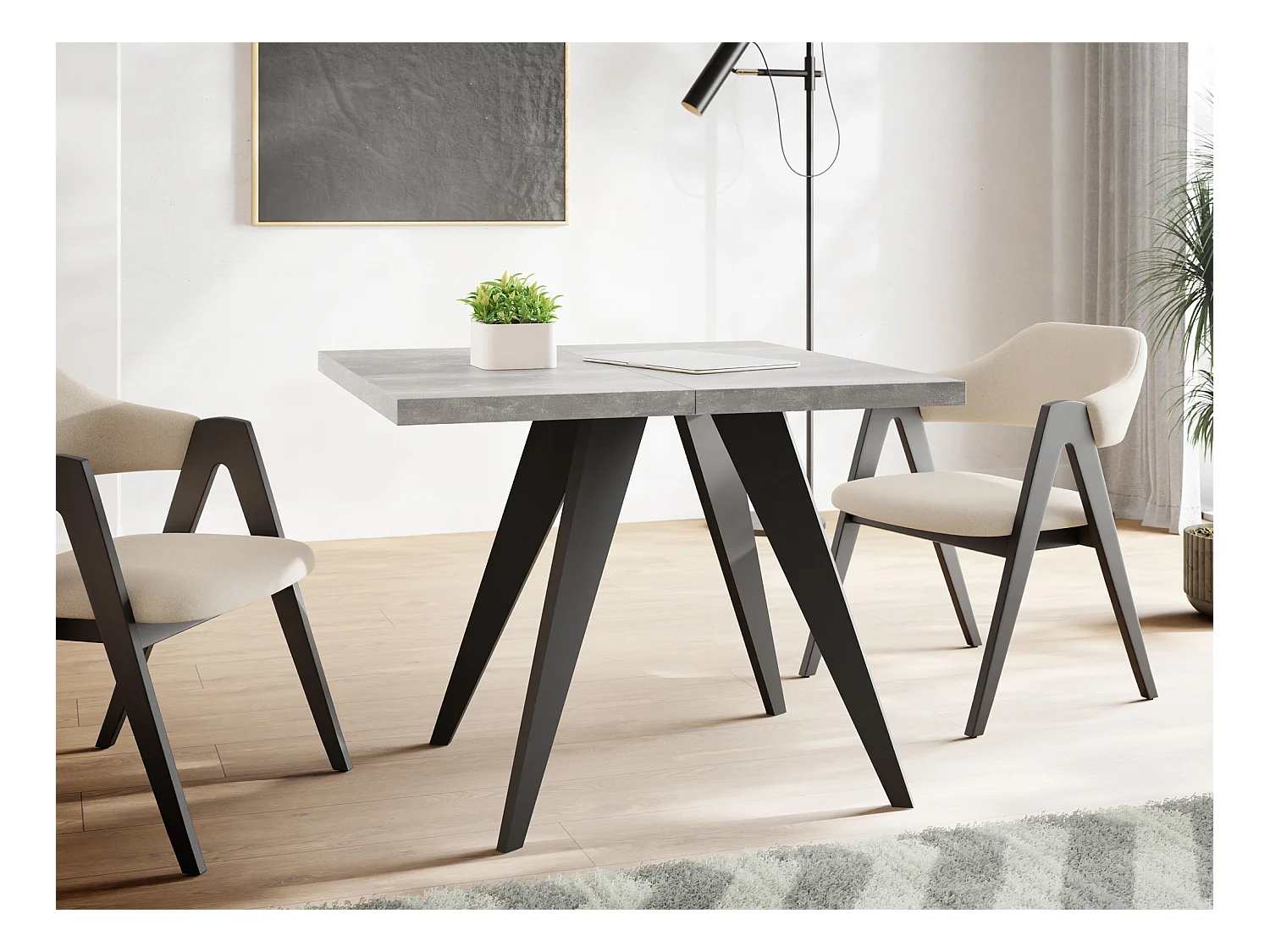 Table à Manger Carrée Extensible Quadro 100-200 cm - Table de Salle à Manger Industrielle avec Pieds Noirs pour 4-8 Personnes - Style Loft - Beton Gris