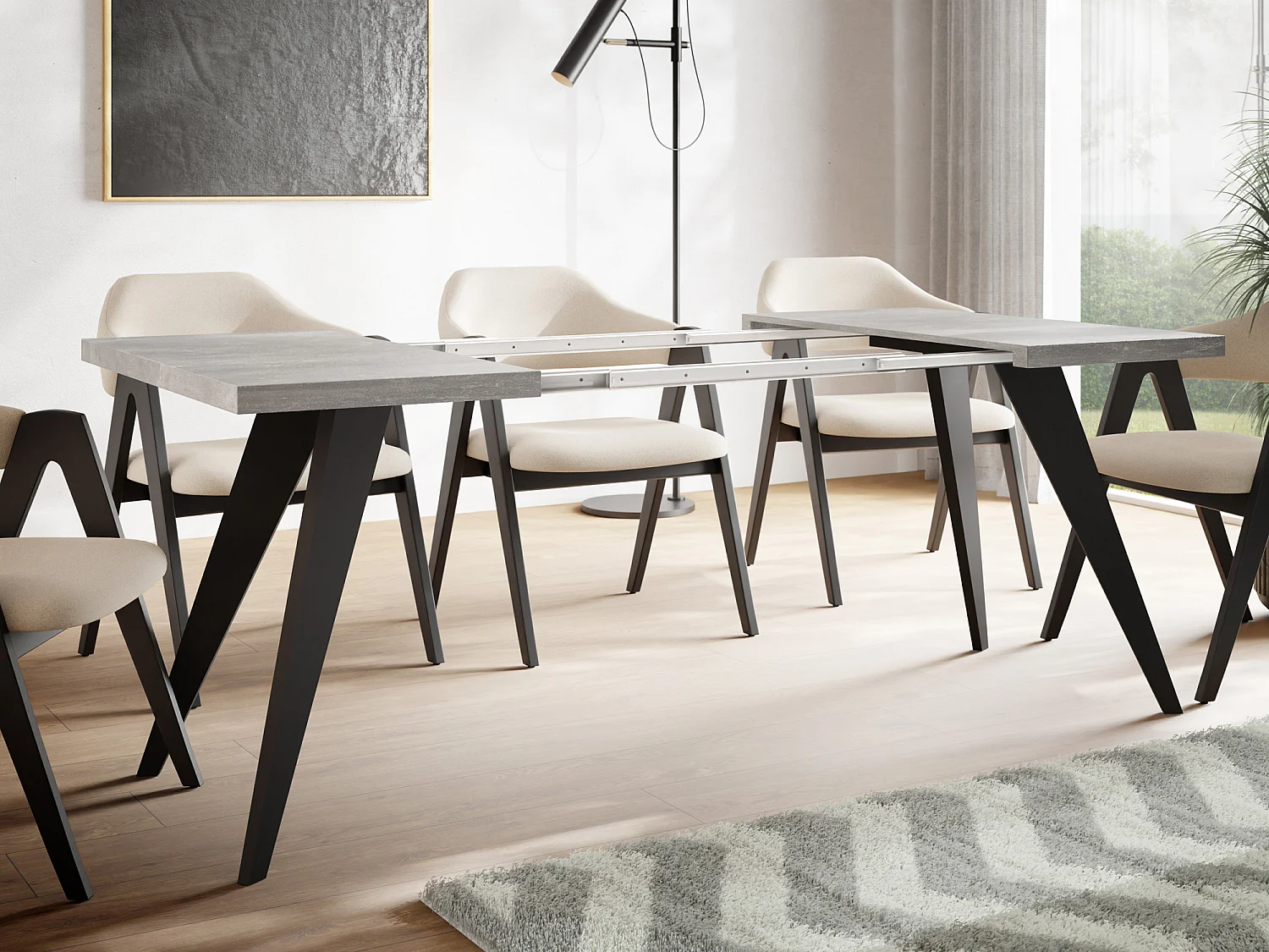 Quadratischer Ausziehbarer Esstisch Quadro 100-200 cm - Industrial Esszimmertisch mit Schwarzen Holzbeinen für 4-8 Personen - Loft-Stil Küchentisch - Grauer Beton