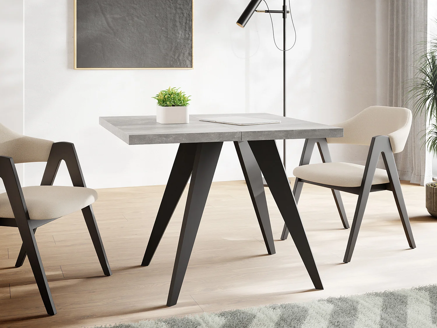 Quadratischer Ausziehbarer Esstisch Quadro 100-200 cm - Industrial Esszimmertisch mit Schwarzen Holzbeinen für 4-8 Personen - Loft-Stil Küchentisch - Grauer Beton