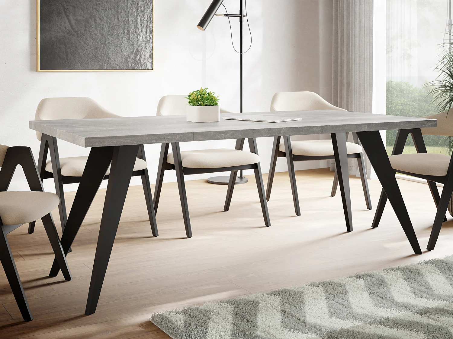 Quadratischer Ausziehbarer Esstisch Quadro 100-200 cm - Industrial Esszimmertisch mit Schwarzen Holzbeinen für 4-8 Personen - Loft-Stil Küchentisch - Grauer Beton