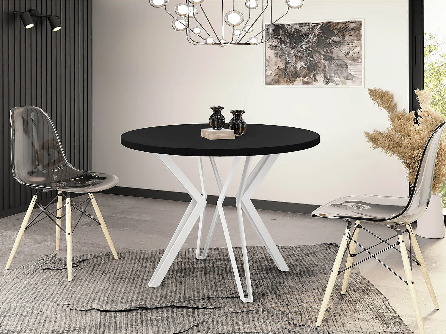 Runder Tisch für das Esszimmer - 100 oder 120 cm Durchmesser - Ausziehbarer Tisch mit Pulverbeschichteten Weißen Metallbeinen - 100 cm - Schwarz