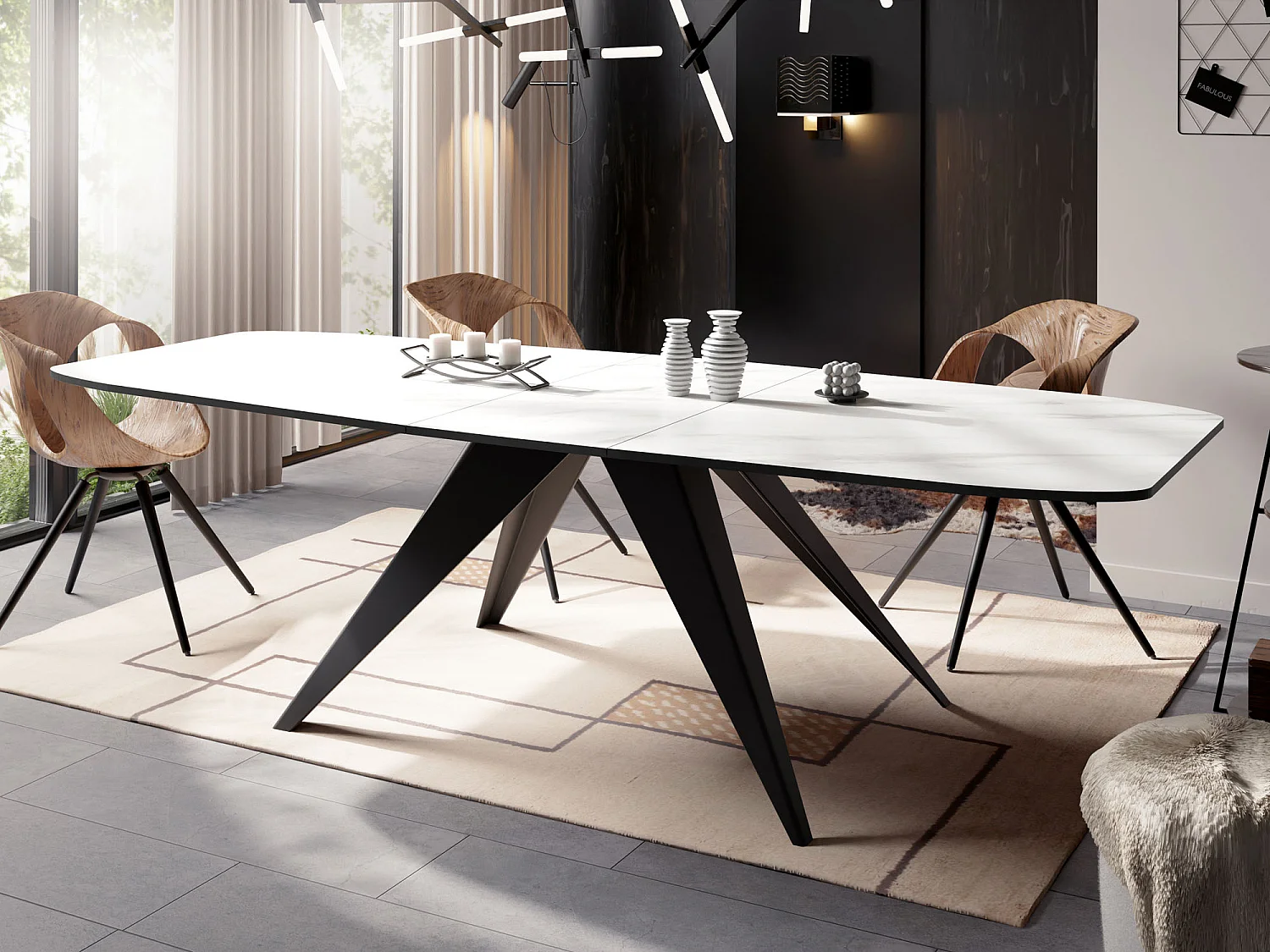 Ausziehbarer Esstisch im Loft-Stil - Industrieller Tisch mit Schwarzen Metallbeinen - Modernes Design für Wohnzimmer - 160 cm Ausziehbar auf 200 cm - Marmor Weiß